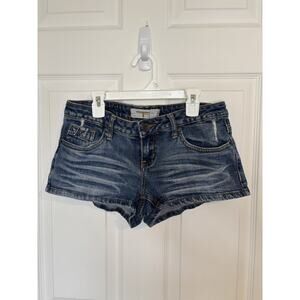 Y2K T Five Denim Shorts Size 7 Low Rise Whiskering Star Cut Outs Festival